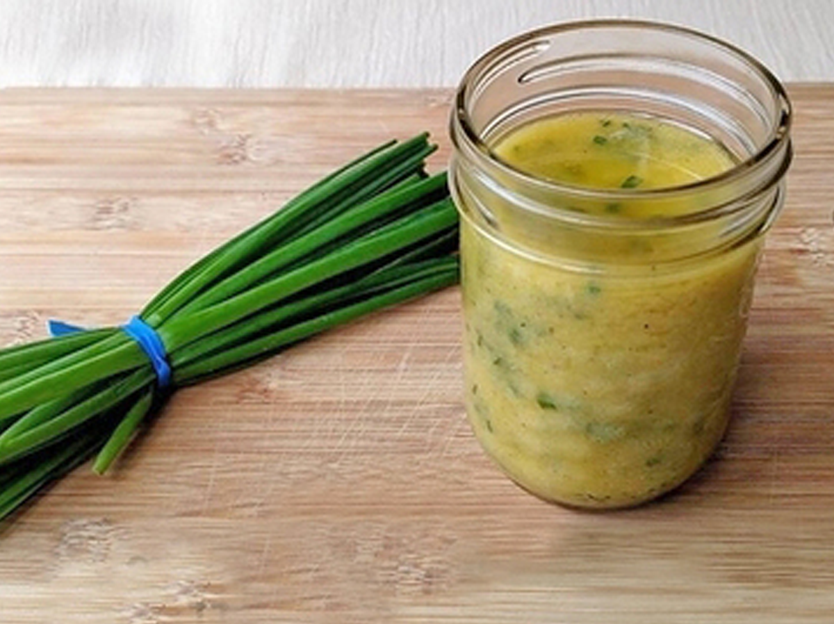 a Dijon Chives Vinaigrette made in a small jar